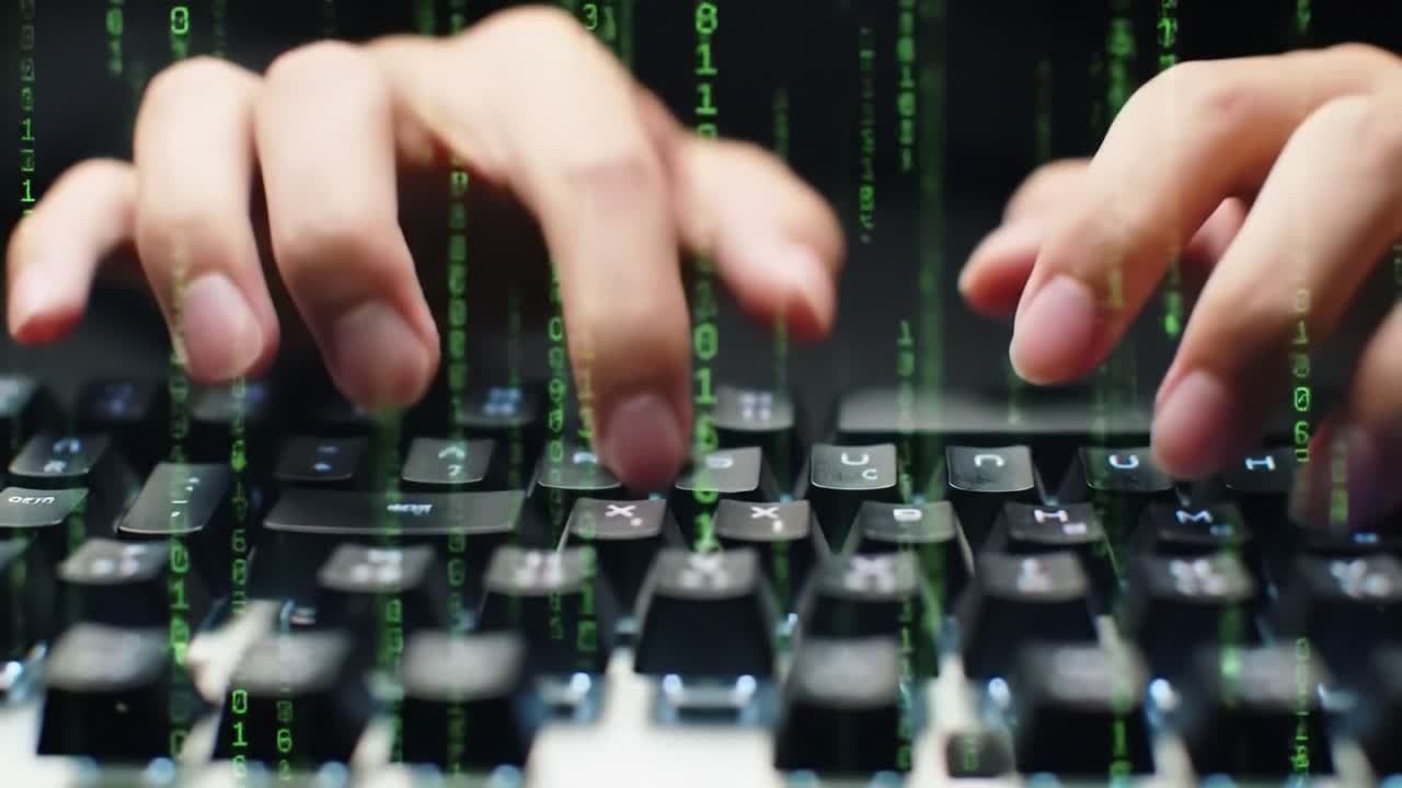 Fingers Typing Rapidly on a Keyboard with Green Matrix Code Elements in the Background, Highlighting the World of Coding and Digital Interactions