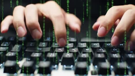 fingers typing rapidly on a keyboard with green matrix code elements in the background, highlighting the world of coding and digital interactions