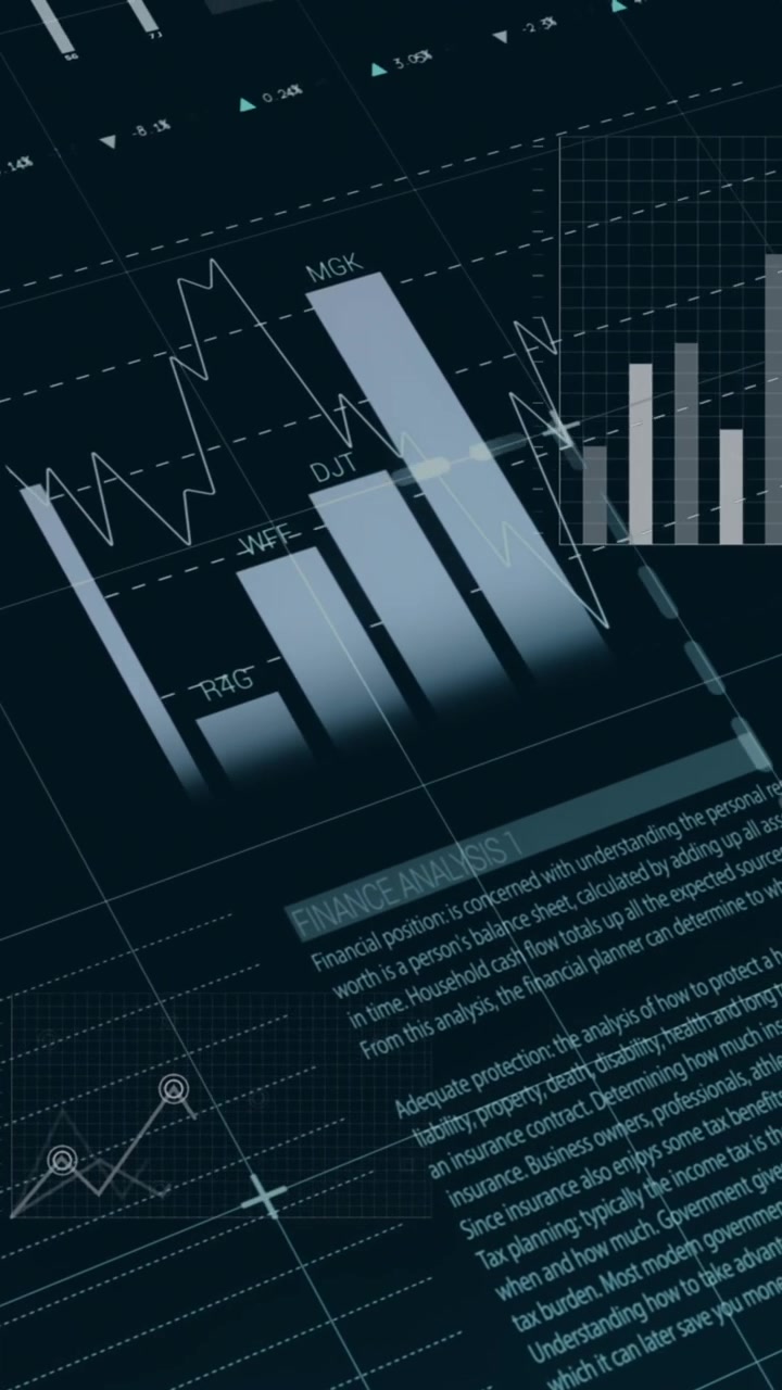 Animasjon av flere ikoner over infografisk grensesnitt og dataspråk på svart bakgrunn.