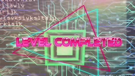 Animation-of-level-completed-text-over-neon-lines-and-computer-circuit-board