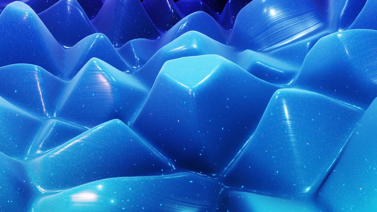 fantastical festive blue bg. Stylish abstract looped background, waves move on glossy surface like landscape made of liquid blue wax with sparkles. Beautiful soft background with smooth animation 4k