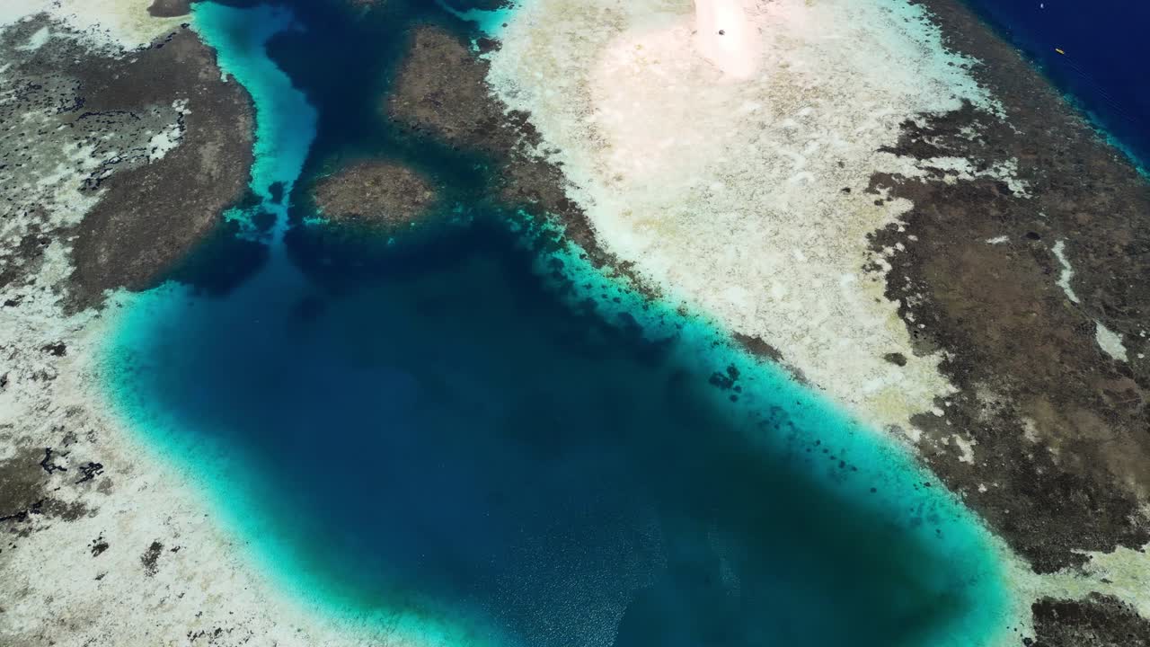 Drone video over small and shallow sand banks with bright blue lagoon