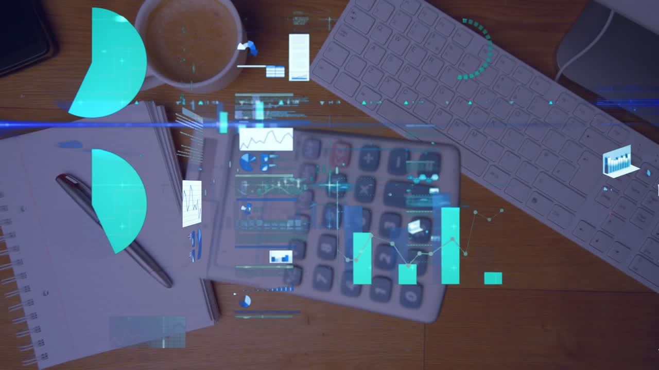 animación del procesamiento de datos estadísticos contra una calculadora que cae sobre una mesa de oficina de madera