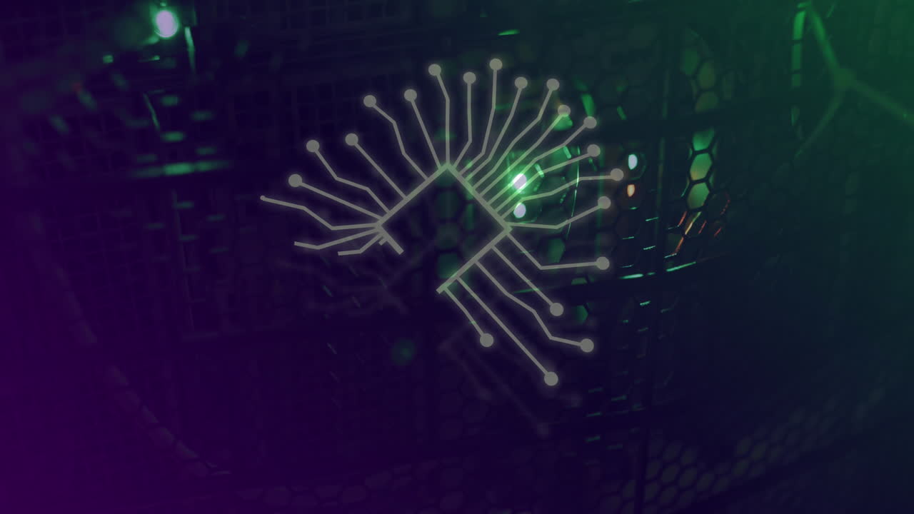 Animation of ai data processing and icon over computer servers