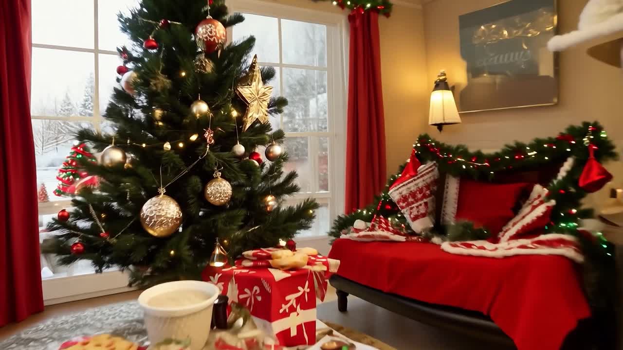 acogedora sala de estar de navidad con árbol decorado y chimenea