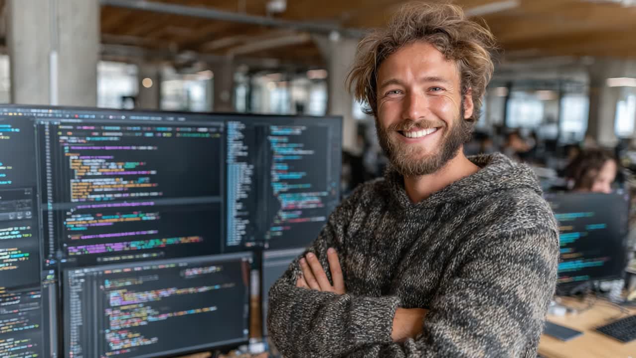 A confident young man smiles while standing in a modern workspace filled with computer screens displaying vibrant code, embodying the energy of tech innovation and collaboration