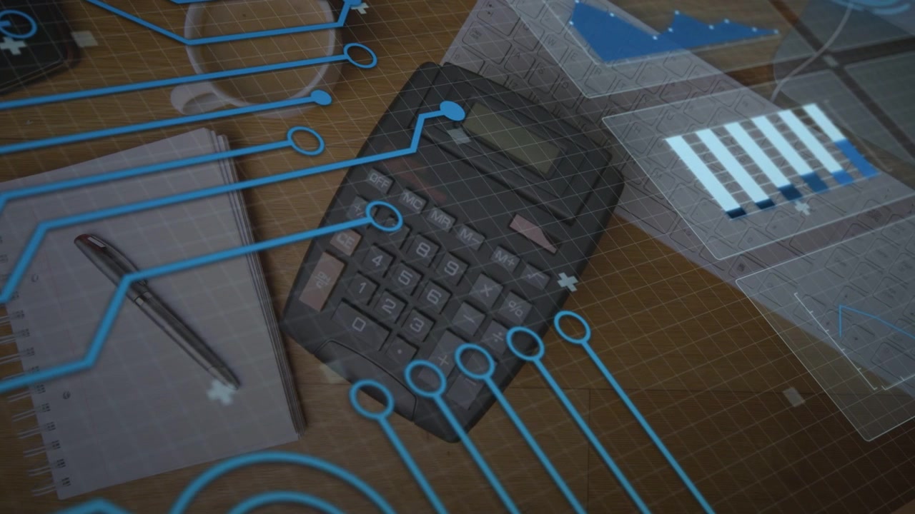 Camera pulling back, desk calculator receiving blue traces and data panels showing analytics