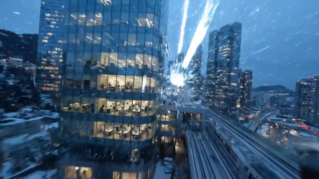 A Captivating View of a Snowy Metropolitan Cityscape During Evening, Featuring Snowfall, Skyscrapers, and Blurred Motion of a Train in an Enchanting Urban Scene