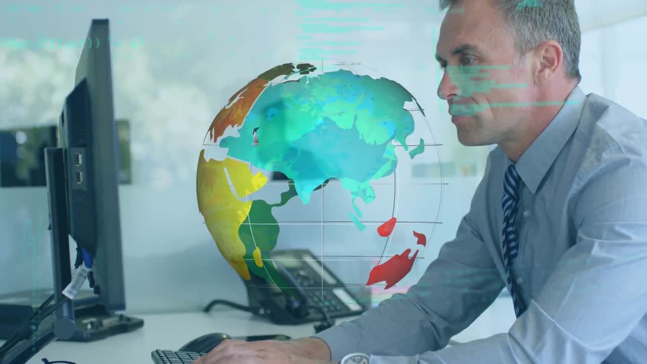 animación del globo y datos sobre el hombre caucásico usando computadora en la oficina