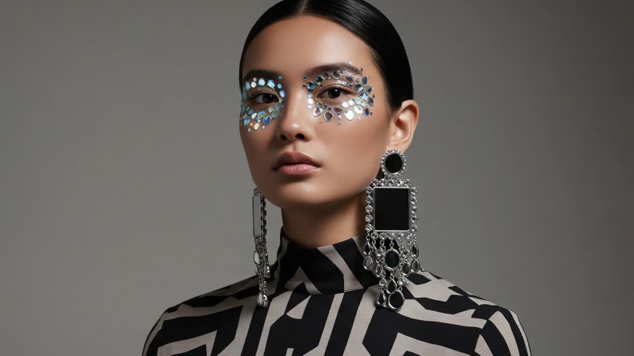 Striking Fashion Portrait Featuring a Model with Intricate Gem-Embellished Makeup and Bold Jewelry, Captivating Style in a Contemporary Setting