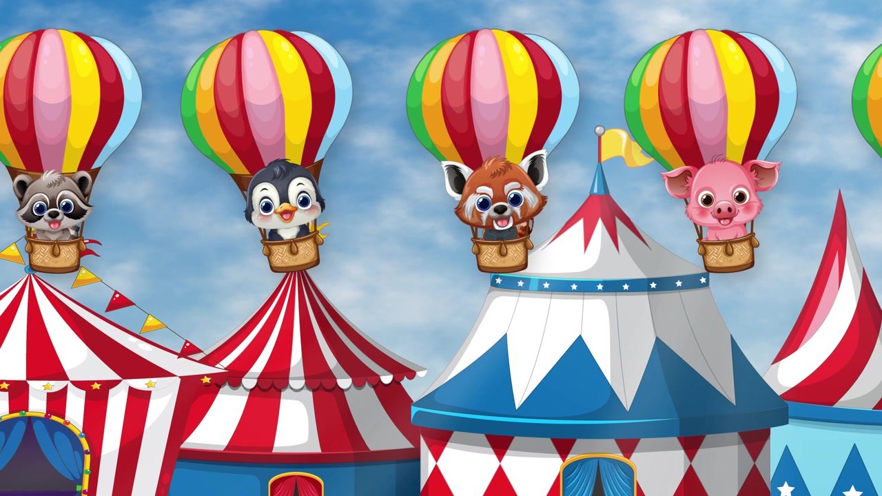 Animated cute animals drift in colorful balloons above striped carnival tents under cloudy blue skies.