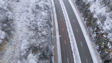 highway two-lane road in wintertime sweden landscape, aerial