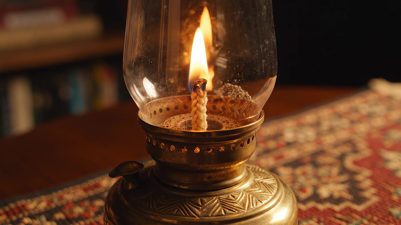 Lámpara de aceite de latón vintage con llama encendida en primer plano