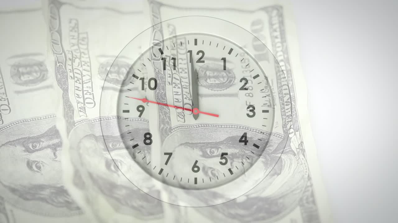 Animación de un reloj moviéndose sobre billetes