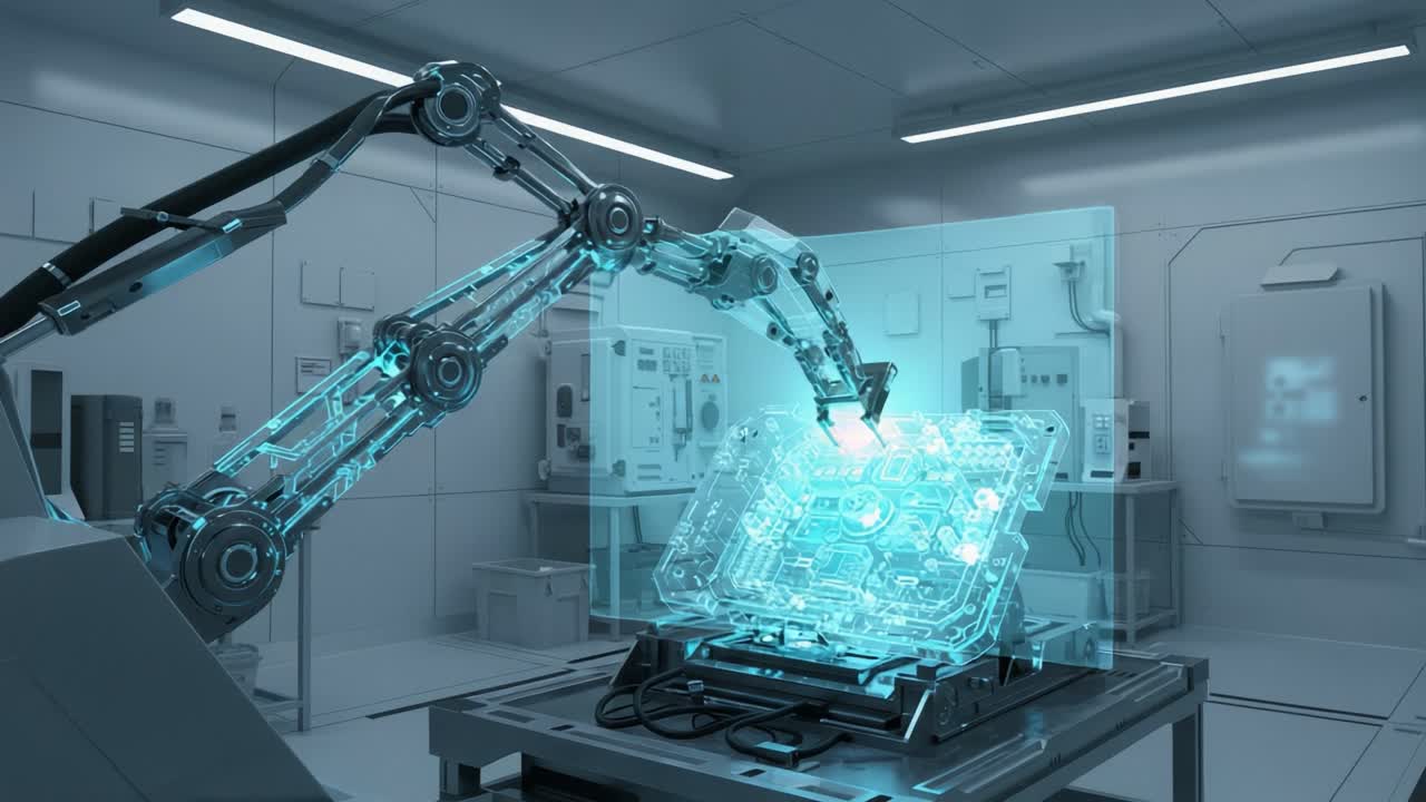 A Futuristic Robotic Arm Skillfully Manipulating a Transparent Circuit Board in a High-Tech Laboratory Environment, Showcasing Advanced Automation and Innovation