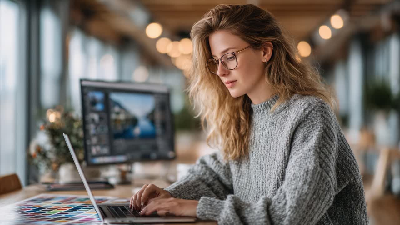 Focused Creative Working on Laptop in Modern Workspace with Cozy Aesthetic and Natural Light, Showcasing Creativity and Design Work Process