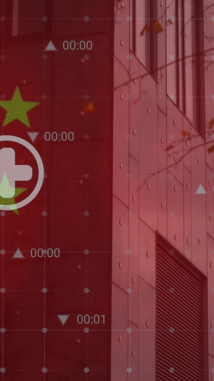 animación de la bandera de china y procesamiento de datos sobre el paisaje urbano