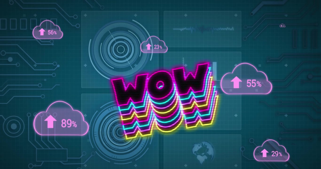 Animation of wow text and data processing on blue background