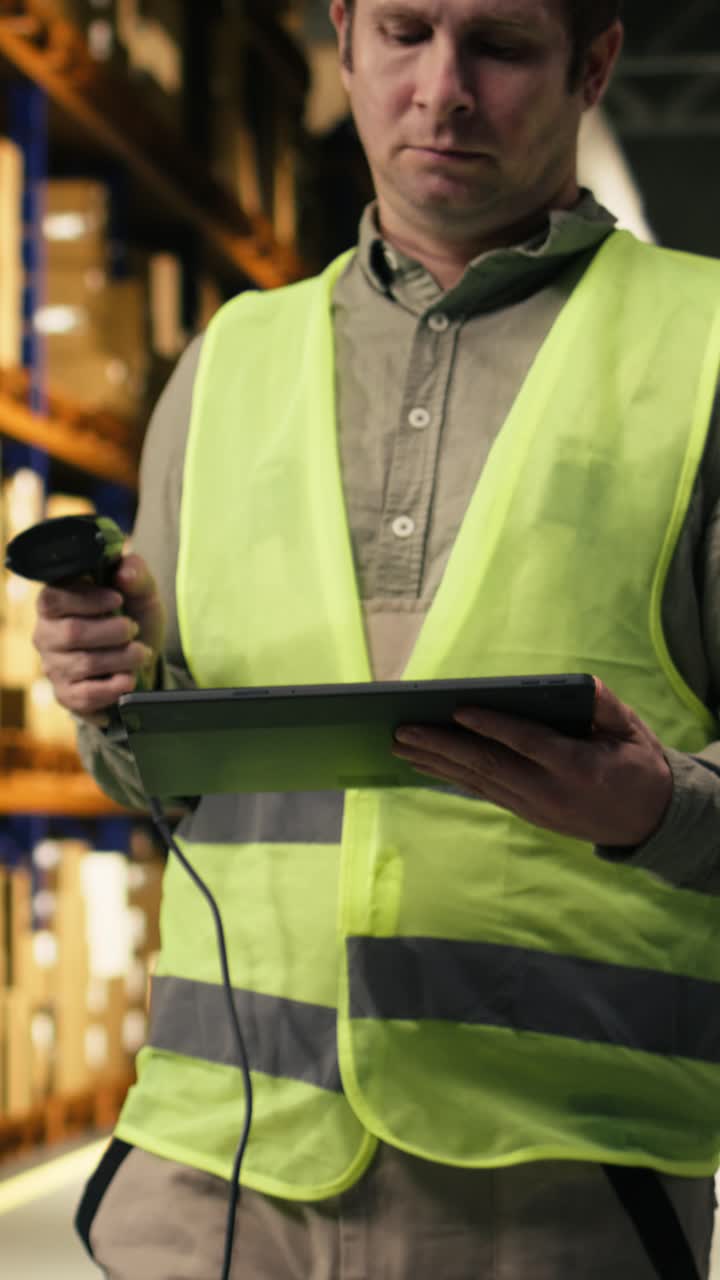 Video Verticale - Operaio industriale che scansiona etichette di scatole di cartone per l'accuratezza dell'inventario.