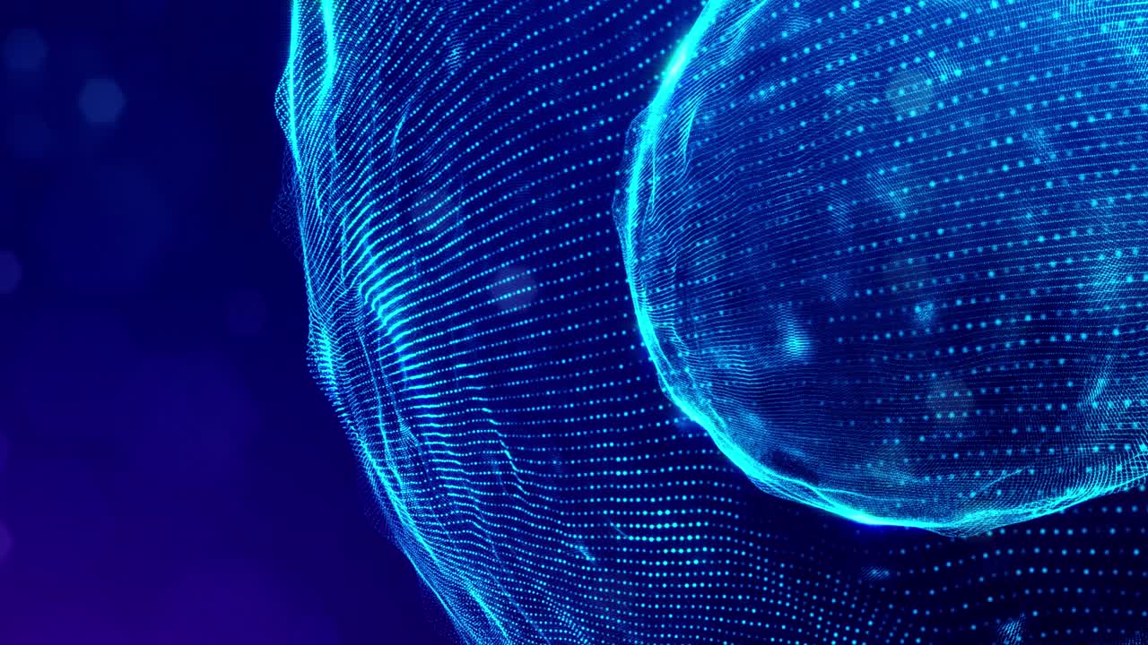 3d en bucle bg fondo de ciencia ficción espacio digital con esferas holográficas. campo azul de alta tecnología con partículas de brillo forman líneas y ondas en la superficie esférica. hi-tech bg. dof