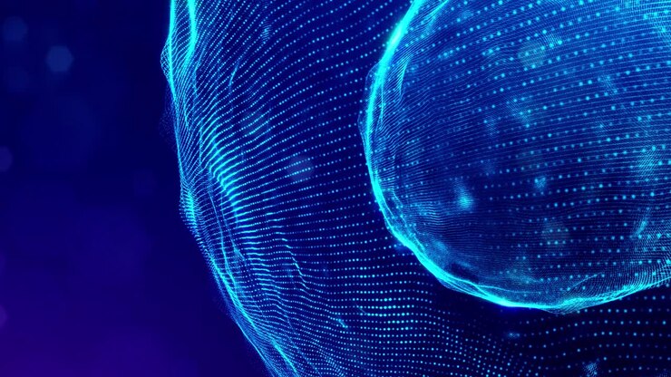 3d looped bg sci-fi background digital space with hologram spheres. Blue high tech field with glow particles form lines and waves on spherical surface. Hi-tech bg. DOF