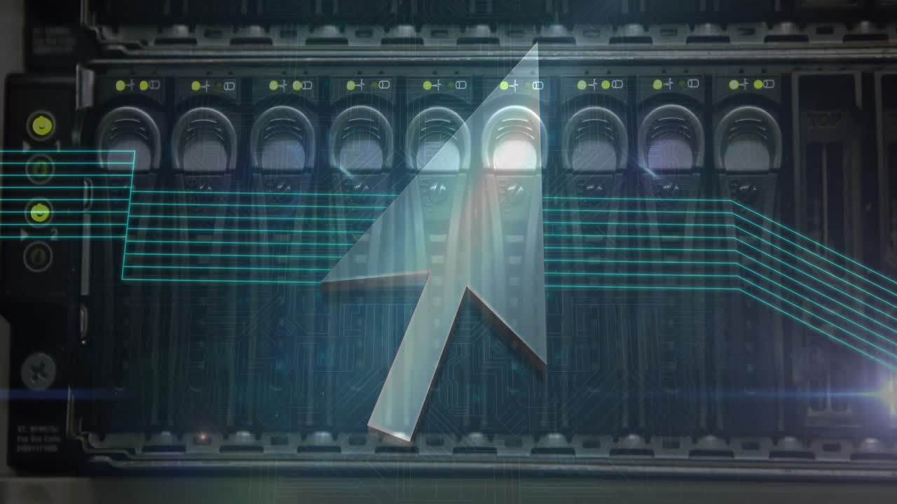 컴퓨터 서버의 클로즈업 뷰에 대한 화살표 아이콘과 빛의 흔적의 디지털 구성