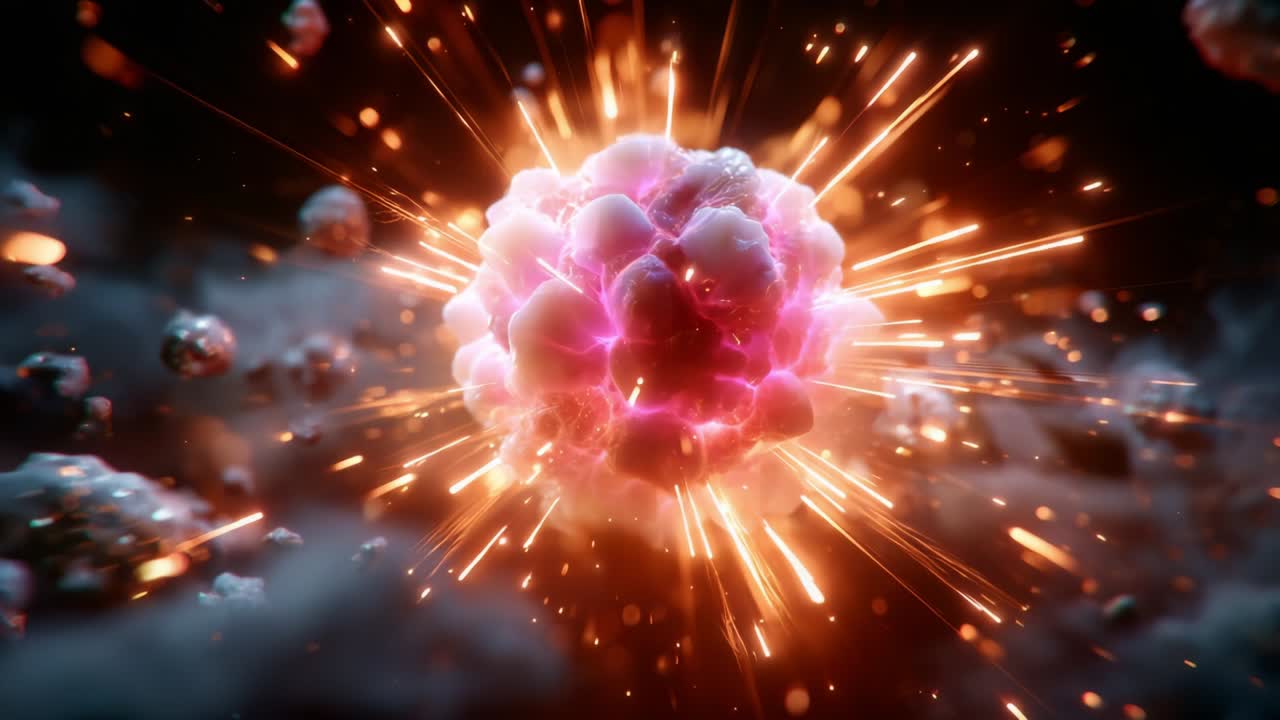 An explosive visualization of a molecular reaction, showcasing vibrant bursts of energy and dynamic particles, illustrating the power and complexity of atomic interactions in vivid detail