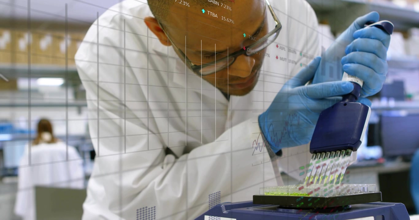 Vertical video: Leaning gloved lab tech pipetting with blue 8ch pipette in lab, loading well plate