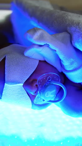 tiny newborn in diaper and socks on hands lies on the uv lamp. infant with pacifier and bandage on eyes is getting treatment from neonatal jaundice. close up. vertical video