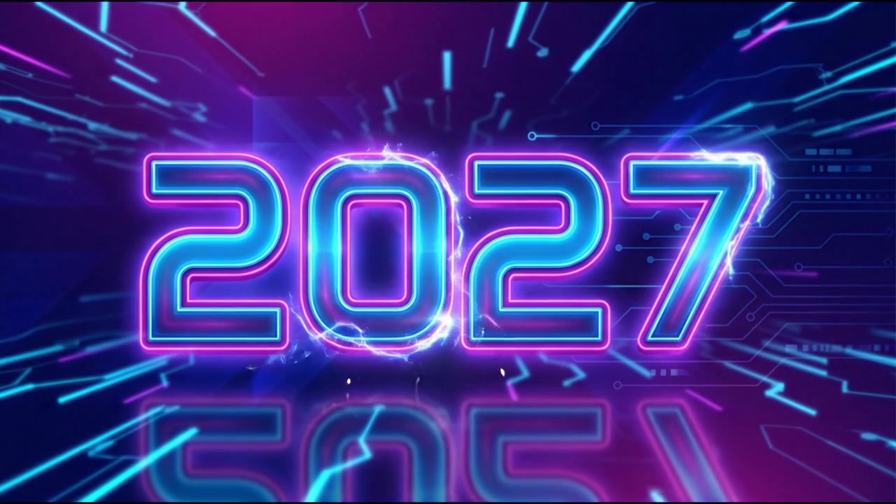 Visualizzazione digitale dell'anno 2027 al neon luminoso con effetti elettrici