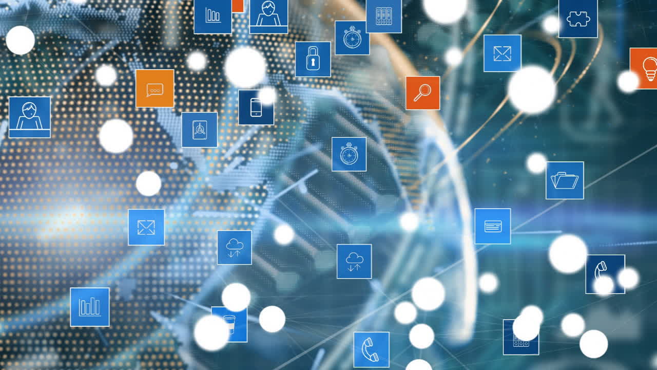 어두운 배경에 전 세계에 있는 아이콘으로 연결된 네트워크의 애니메이션