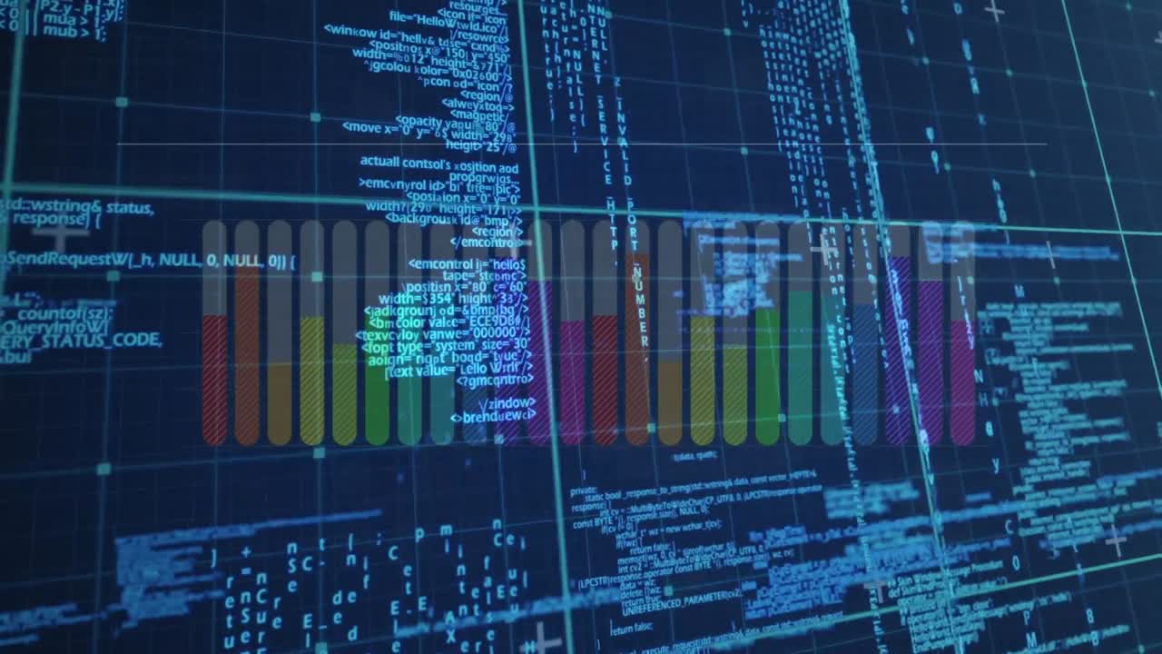 Animation of data processing and colorful graph on navy background