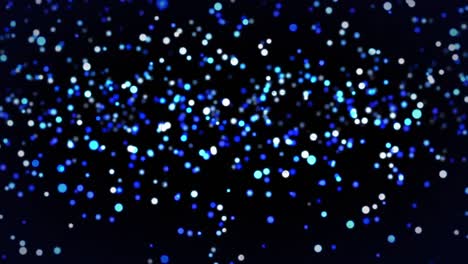 Animation-of-blue-and-white-light-spots-rising-on-black-background