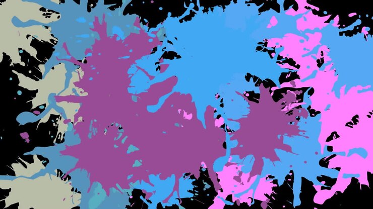 Animazione di gocce verdi su schizzi e macchie di vernice rosa, viola e blu su sfondo nero.