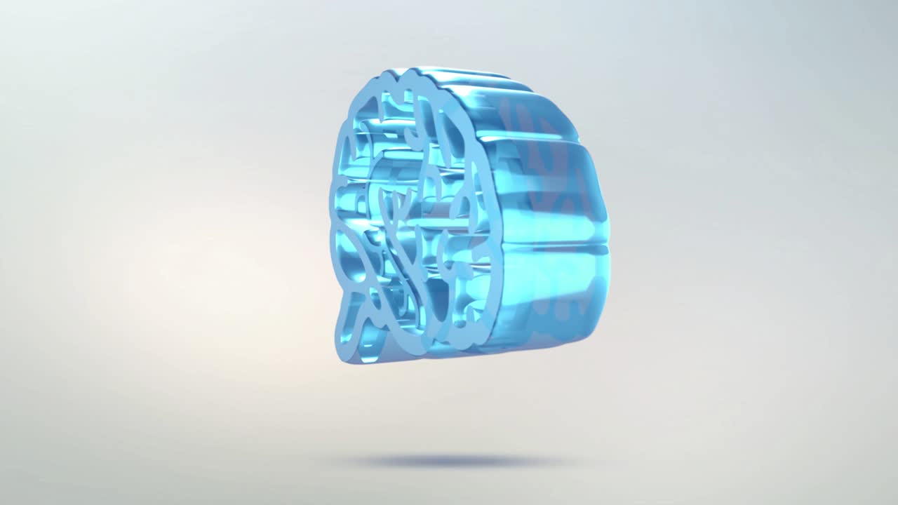 뇌 아이콘은 유리로 만들어져 있으며, 반투명한 회전하는 뇌 아이콘과 알파 채널은 파란색, 녹색, 원활한 루핑 기호, 3d 그림입니다.