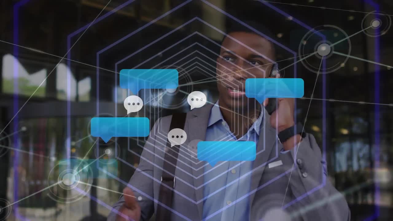 Animation of social media reactions over african american businessman using smartphone