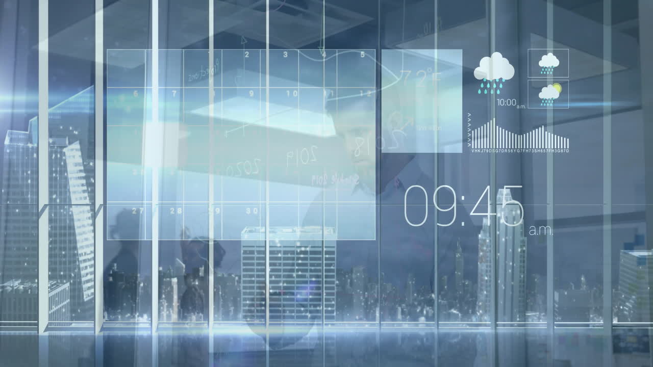 Displaying animation of weather forecast and time over cityscape background