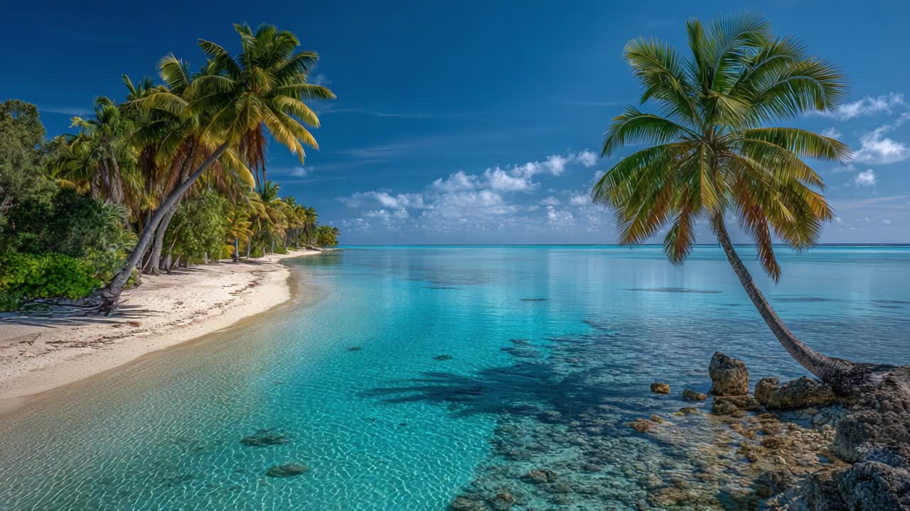 Serene Tropical Paradise on a Sunlit Beach with Clear Turquoise Waters and Lush Palm Trees Blowing in the Gentle Breeze, Inviting Relaxation and Tranquility