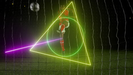 animation of neon geometrical shapes rotating over african american male soccer player