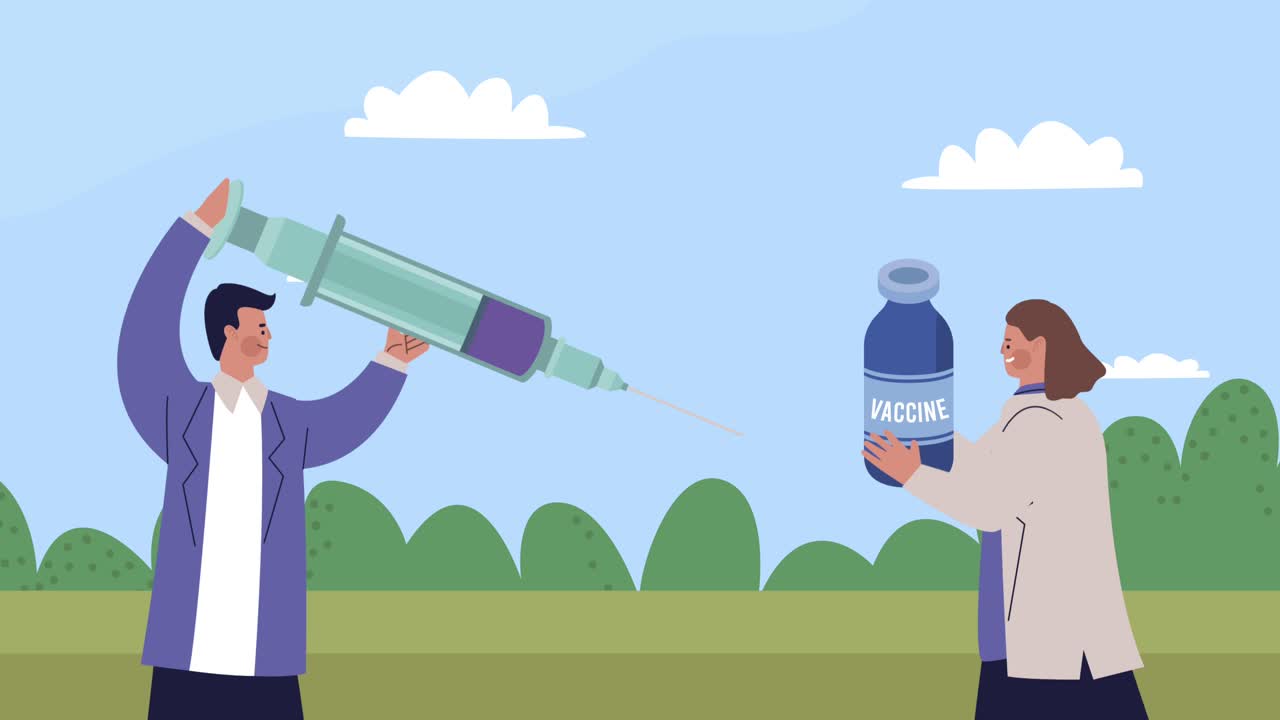 scientists couple with vaccine vial and syringe