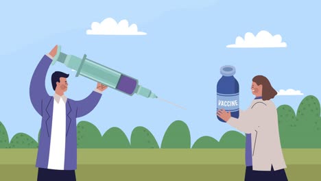 científicos con vial de vacuna y jeringa