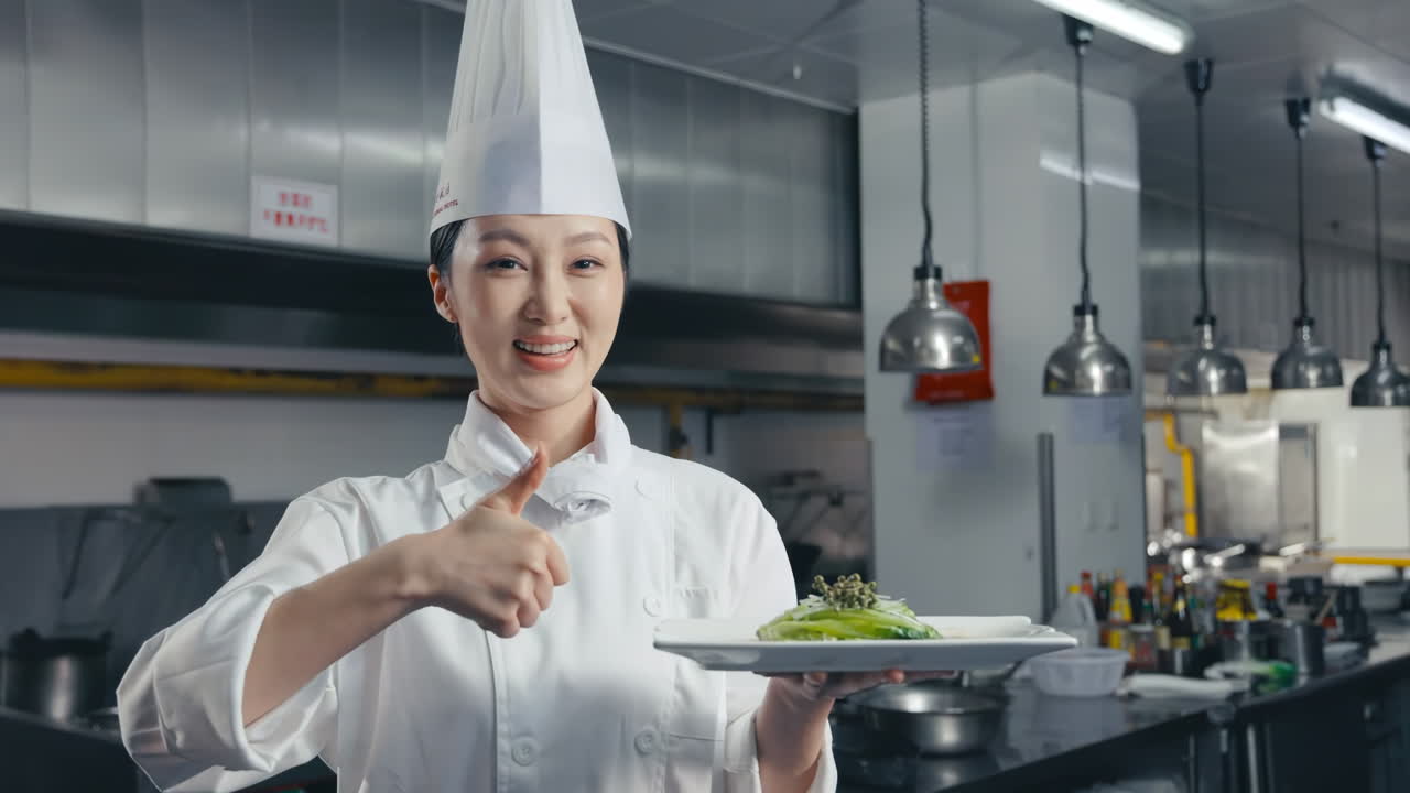 Gourmet woman chef in white uniform kitchen setting proudly presenting variety of vibrant plant based dishes showcasing his culinary expertise and commitment to healthy