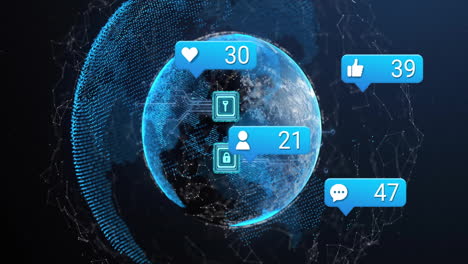animation of digital globe with social media notifications and data icons floating