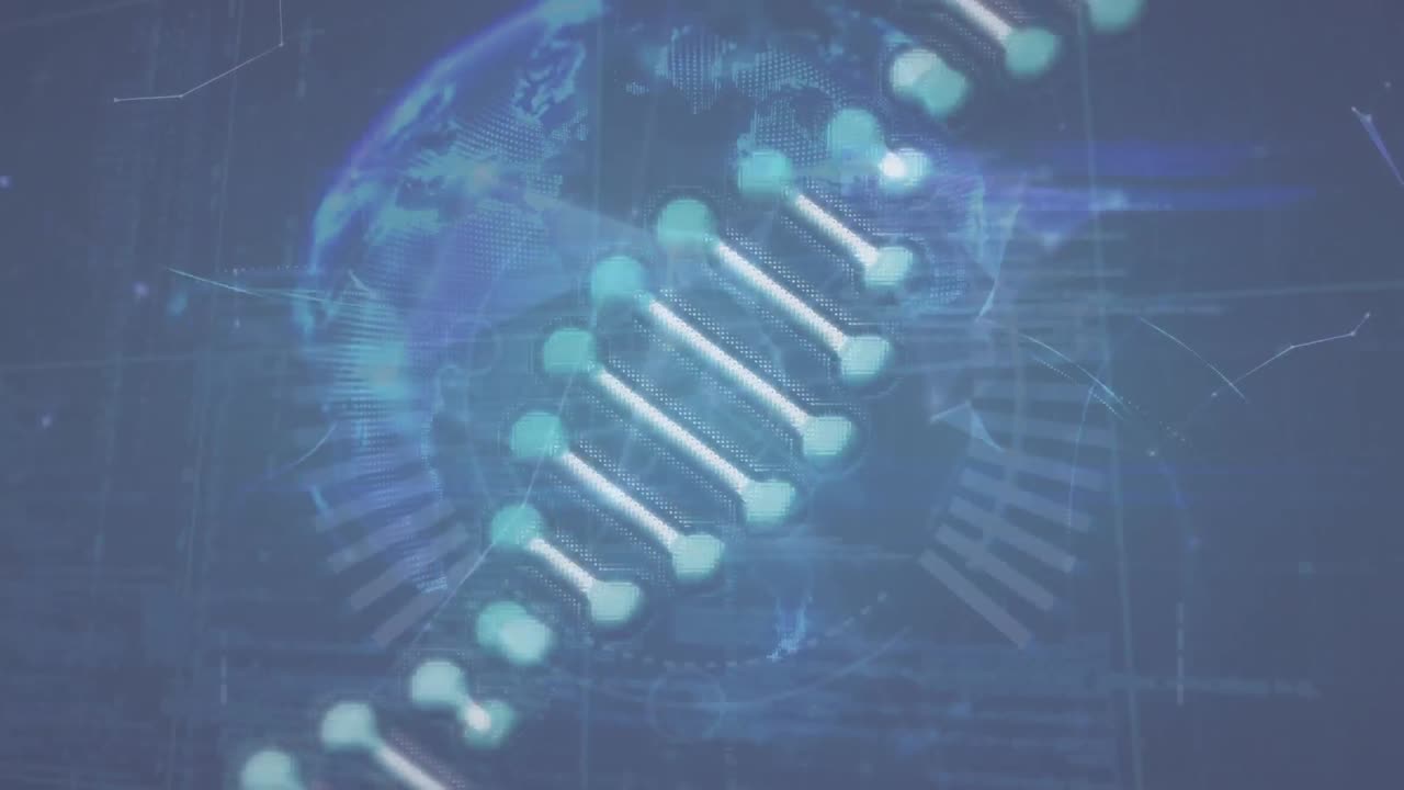 Animation of dna structure spinning over globe of plexus networks and data processing