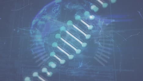 Animation-Der-DNA-Struktur,-Die-Sich-über-Den-Globus-Von-Plexusnetzwerken-Und-Datenverarbeitung-Dreht