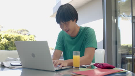 teenage asian boy studying on laptop at home