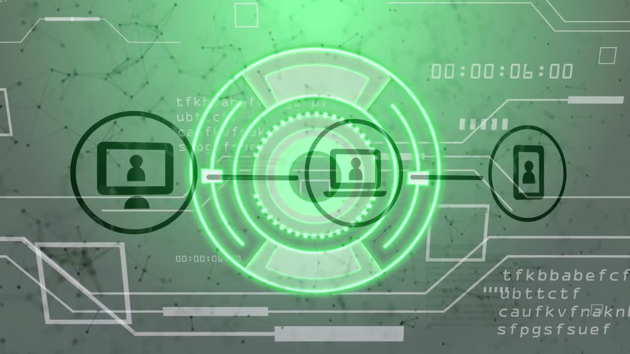 Animation of scope scanning over networks of connections with icons on white background