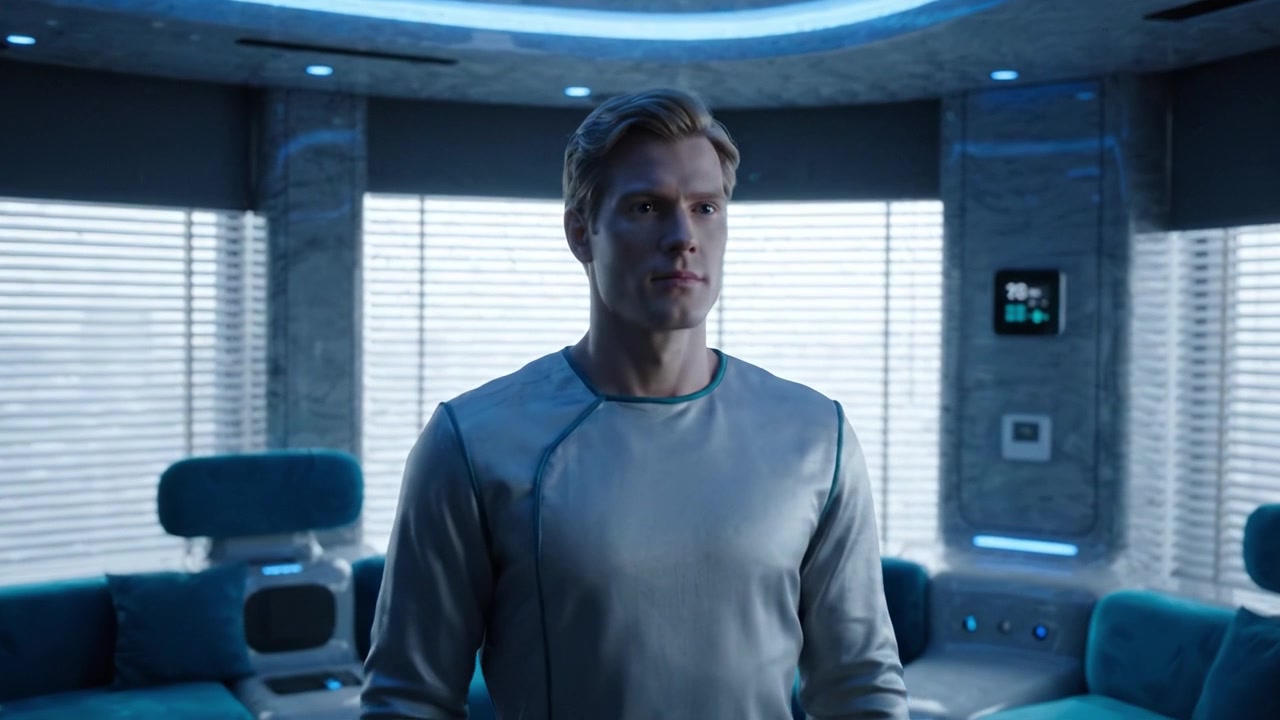 A futuristic interior scene showcases a man in a sleek outfit standing with hands raised, set against a backdrop of modern technology and a panoramic city view.