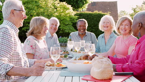 portrait of senior friends enjoying outdoor dinner party at home