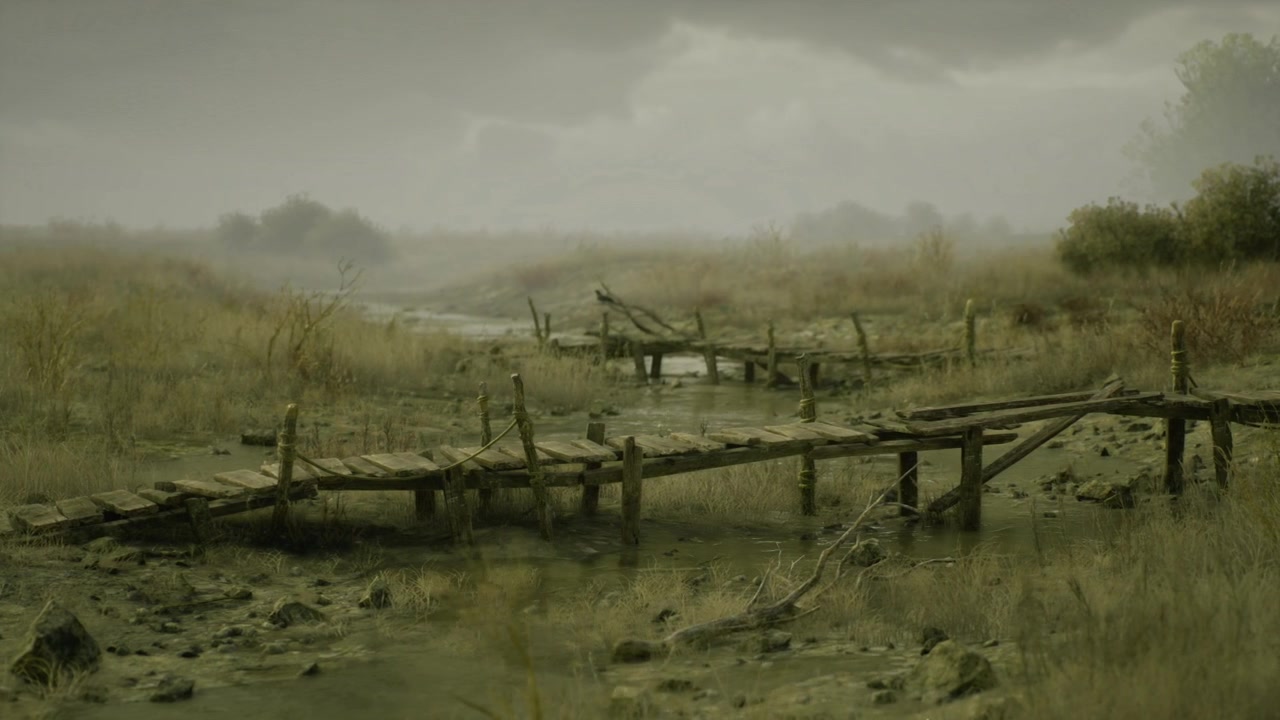 Paesaggio rurale sereno, con tenui riflessi.